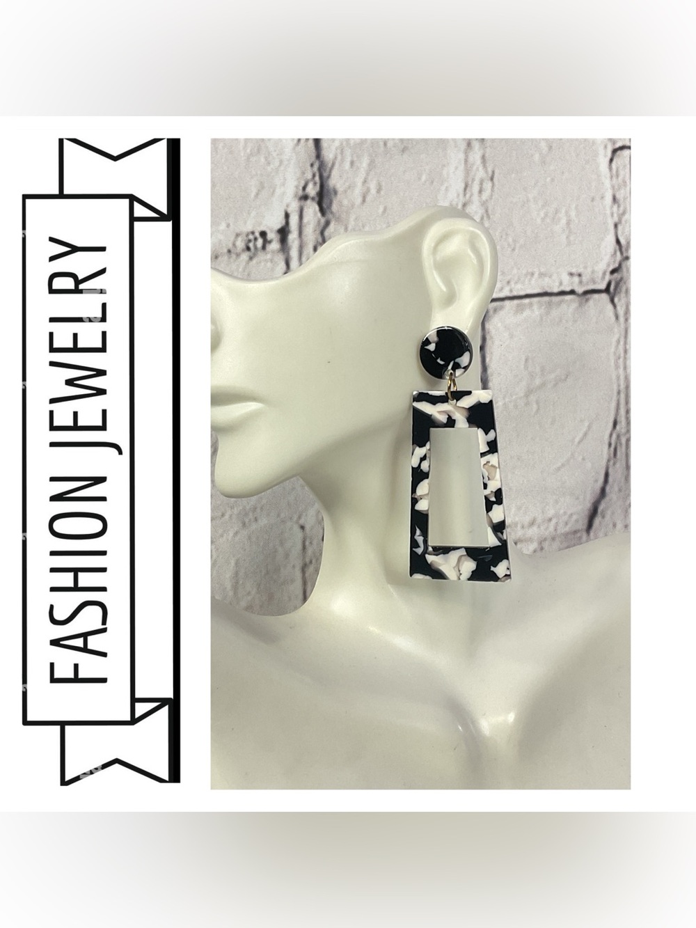 🌟🌟 Black and White Marbled Tortoise Drop Statement Earrings